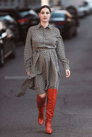 Milan, Italy - February 22, 2020: Street style appearance during Milan Fashion Week - streetstylefw20のeditorial素材