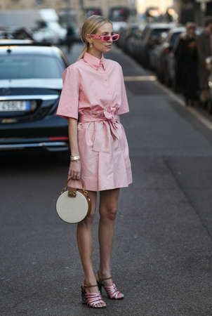 Milan, Italy - February 22, 2020: Street style appearance during Milan Fashion Week - streetstylefw20のeditorial素材