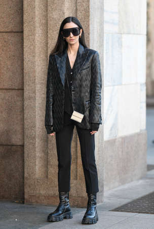 Milan, Italy - February 21, 2020: Street style appearance during Milan Fashion Week - streetstylefw20のeditorial素材