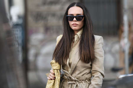 Milan, Italy - February 22, 2020: Street style appearance during Milan Fashion Week - streetstylefw20のeditorial素材