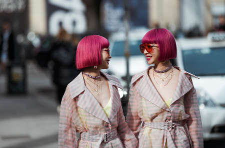 Milan, Italy - February 21, 2020: Ami SuzukiÂ and Aya Suzuki before a fashion show during Milan Fashion Week - streetstylefw20のeditorial素材
