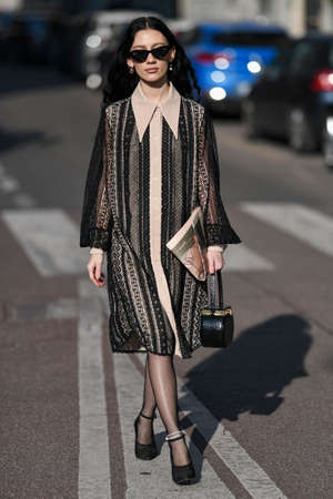 Milan, Italy - February 22, 2020: Street style appearance during Milan Fashion Week - streetstylefw20のeditorial素材