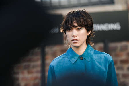 Milan, Italy - February 22, 2020: Street style appearance during Milan Fashion Week - streetstylefw20のeditorial素材