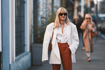 Milan, Italy - February 21, 2020: Eleonora Carisi before a fashion show during Milan Fashion Week - streetstylefw20のeditorial素材