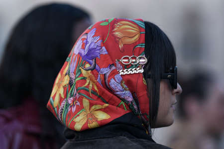 Milan, Italy - February 21, 2020: Street style appearance during Milan Fashion Week - streetstylefw20のeditorial素材