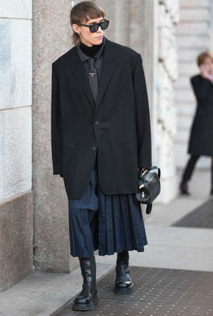 Milan, Italy - February 21, 2020: Street style appearance during Milan Fashion Week - streetstylefw20のeditorial素材