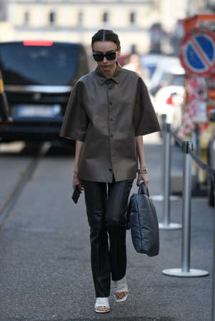 Milan, Italy - February 22, 2020: Street style appearance during Milan Fashion Week - streetstylefw20のeditorial素材