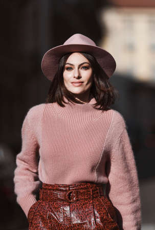 Milan, Italy - February 22, 2020: Street style appearance during Milan Fashion Week - streetstylefw20のeditorial素材