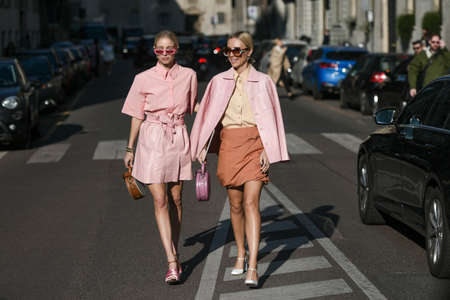 Milan, Italy - February 22, 2020: Street style appearance during Milan Fashion Week - streetstylefw20のeditorial素材