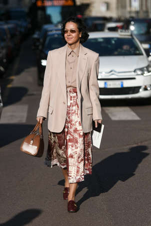 Milan, Italy - February 22, 2020: Street style appearance during Milan Fashion Week - streetstylefw20のeditorial素材
