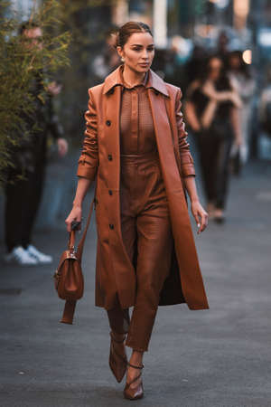 Milan, Italy - February 21, 2020: Olivia Culpo before a fashion show during Milan Fashion Week - streetstylefw20のeditorial素材