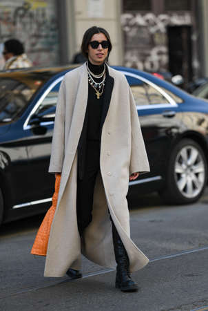 Milan, Italy - February 22, 2020: Street style appearance during Milan Fashion Week - streetstylefw20のeditorial素材