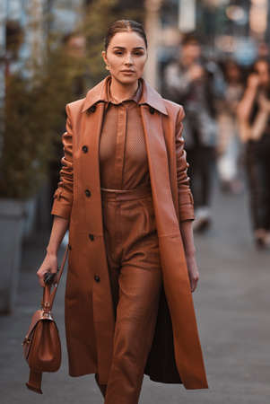 Milan, Italy - February 21, 2020: Olivia Culpo before a fashion show during Milan Fashion Week - streetstylefw20のeditorial素材