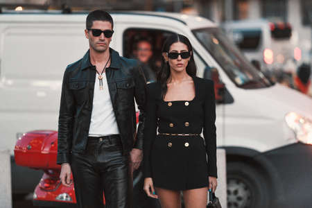 Milan, Italy - February 21, 2020: Street style appearance during Milan Fashion Week - streetstylefw20のeditorial素材