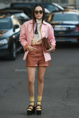 Milan, Italy - February 22, 2020: Street style appearance during Milan Fashion Week - streetstylefw20のeditorial素材