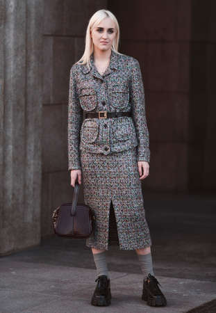 Milan, Italy - February 21, 2020: Street style appearance during Milan Fashion Week - streetstylefw20のeditorial素材