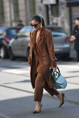 Milan, Italy - February 22, 2020: Street style appearance during Milan Fashion Week - streetstylefw20のeditorial素材