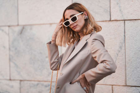 Milan, Italy - February 21, 2020: Street style appearance during Milan Fashion Week - streetstylefw20のeditorial素材