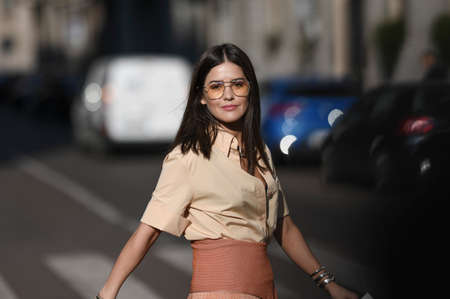 Milan, Italy - February 22, 2020: Street style appearance during Milan Fashion Week - streetstylefw20のeditorial素材