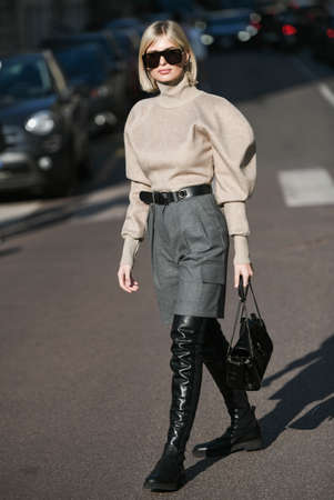 Milan, Italy - February 22, 2020: Street style appearance during Milan Fashion Week - streetstylefw20のeditorial素材