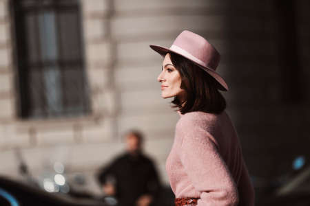 Milan, Italy - February 22, 2020: Street style appearance during Milan Fashion Week - streetstylefw20のeditorial素材