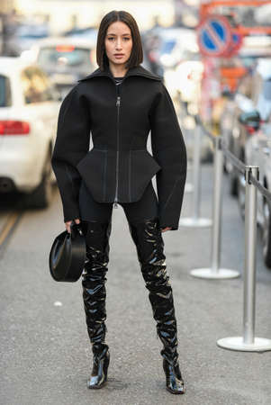 Milan, Italy - February 22, 2020: Street style appearance during Milan Fashion Week - streetstylefw20のeditorial素材