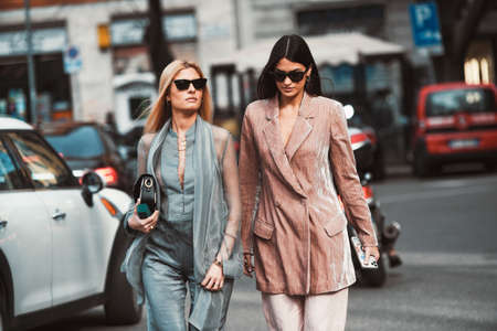 Milan, Italy - February 21, 2020: Street style appearance during Milan Fashion Week - streetstylefw20のeditorial素材