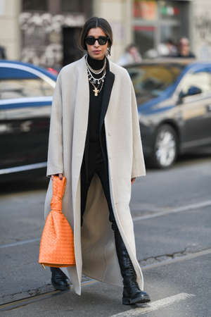 Milan, Italy - February 22, 2020: Street style appearance during Milan Fashion Week - streetstylefw20のeditorial素材