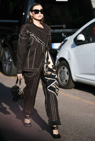 Milan, Italy - February 22, 2020: Street style appearance during Milan Fashion Week - streetstylefw20のeditorial素材