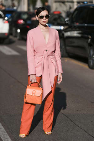 Milan, Italy - February 22, 2020: Street style appearance during Milan Fashion Week - streetstylefw20のeditorial素材