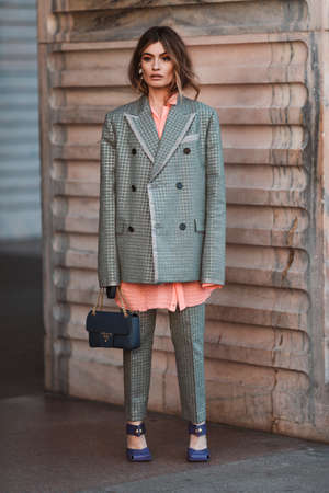 Milan, Italy - February 21, 2020: Street style appearance during Milan Fashion Week - streetstylefw20のeditorial素材