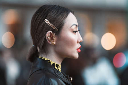 Milan, Italy - February 21, 2020: Street style appearance during Milan Fashion Week - streetstylefw20のeditorial素材