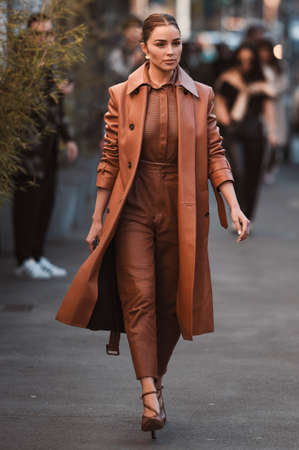 Milan, Italy - February 21, 2020: Olivia Culpo before a fashion show during Milan Fashion Week - streetstylefw20のeditorial素材