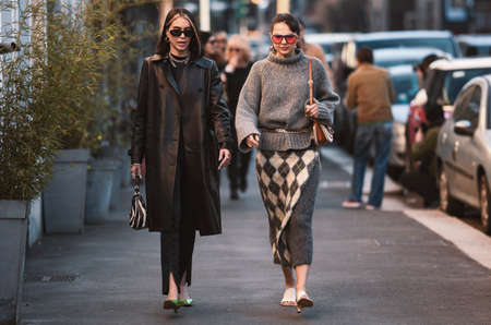 Milan, Italy - February 21, 2020: Brittany Xavier and Doina Ciobanu  before a fashion show during Milan Fashion Week - streetstylefw20のeditorial素材