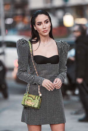 Milan, Italy - February 21, 2020: Street style appearance during Milan Fashion Week - streetstylefw20のeditorial素材