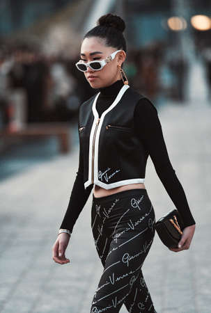 Milan, Italy - February 21, 2020: Street style appearance during Milan Fashion Week - streetstylefw20のeditorial素材