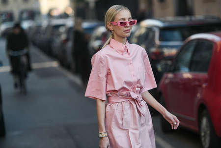 Milan, Italy - February 22, 2020: Street style appearance during Milan Fashion Week - streetstylefw20のeditorial素材