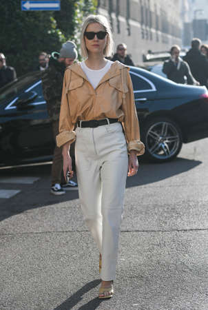 Milan, Italy - February 22, 2020: Street style appearance during Milan Fashion Week - streetstylefw20のeditorial素材
