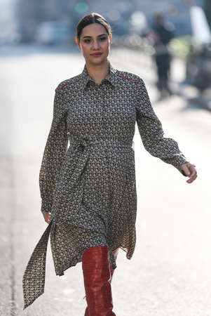 Milan, Italy - February 22, 2020: Street style appearance during Milan Fashion Week - streetstylefw20のeditorial素材