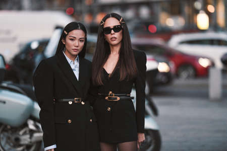 Milan, Italy - February 21, 2020: Street style appearance during Milan Fashion Week - streetstylefw20のeditorial素材