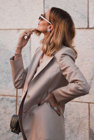 Milan, Italy - February 21, 2020: Street style appearance during Milan Fashion Week - streetstylefw20のeditorial素材