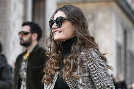 Milan, Italy - February 19, 2020: Street style appearance during Milan Fashion Week - streetstylefw20のeditorial素材