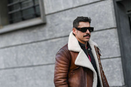 Milan, Italy - February 22, 2020: Street style appearance during Milan Fashion Week - streetstylefw20のeditorial素材