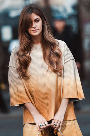 Milan, Italy - February 22, 2020: Street style appearance during Milan Fashion Week - streetstylefw20のeditorial素材
