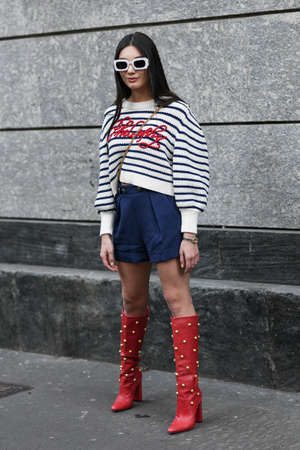 Milan, Italy - February 22, 2020: Street style appearance during Milan Fashion Week - streetstylefw20のeditorial素材