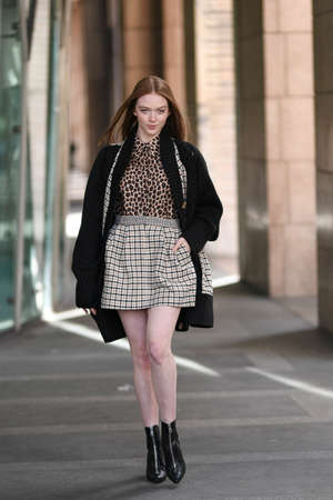 Milan, Italy - February 20, 2020: Larsen Thompson before a fashion show during Milan Fashion Week - streetstylefw20のeditorial素材