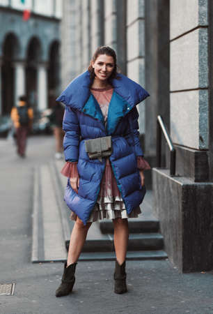 Milan, Italy - February 22, 2020: Street style appearance during Milan Fashion Week - streetstylefw20のeditorial素材