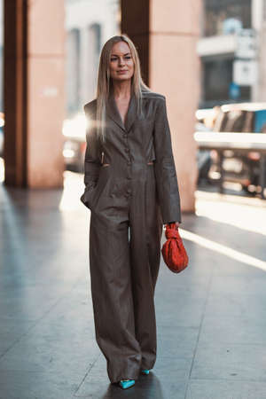 Milan, Italy - February 22, 2020: Street style appearance during Milan Fashion Week - streetstylefw20のeditorial素材