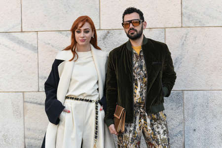 Milan, Italy - February 19, 2020: Street style appearance during Milan Fashion Week - streetstylefw20のeditorial素材