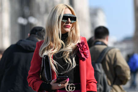 Milan, Italy - February 19, 2020: Street style appearance during Milan Fashion Week - streetstylefw20のeditorial素材